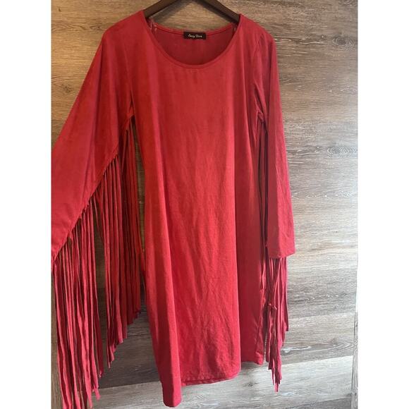 Red Dress Fringe Cowgirl Country Rodeo Size S/M Sexy Bodycon Mini Stretchy - Picture 2 of 10